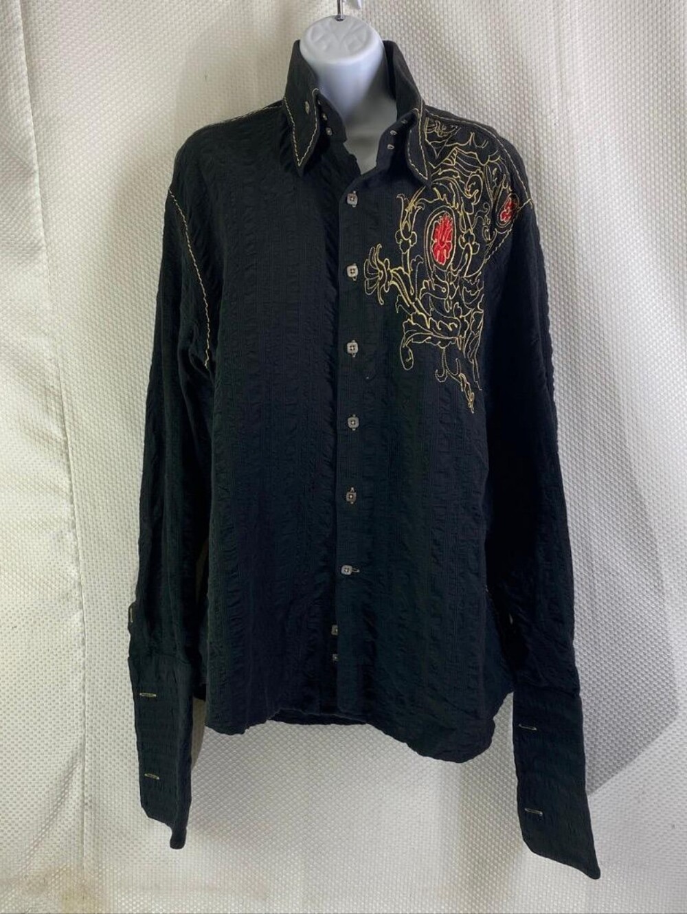 Men's Black Long Sleeve Button-Up Shirt with Embroidered Red Accent